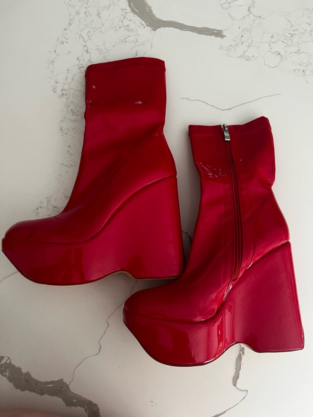 Bold Red Patent Platform Wedge Ankle Boots - Picture 11 of 11